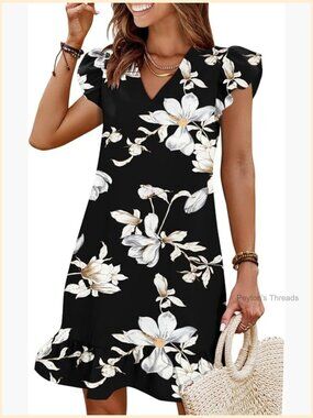 V-Neck Cap Sleeve Ruffle Hem Smock Casual Beach Summer Dress